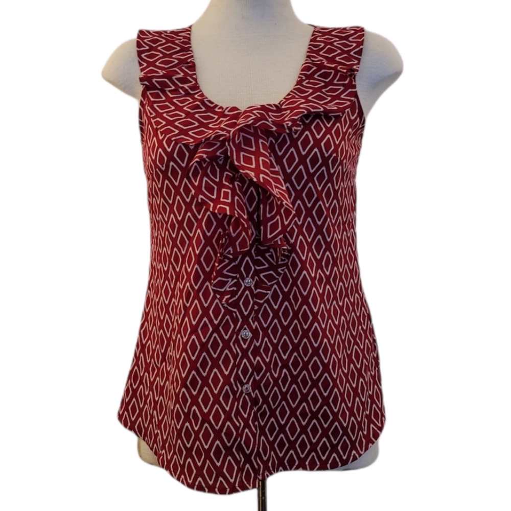 Banana Republic Red White Geometric Print Ruffle Button Front Tank S
